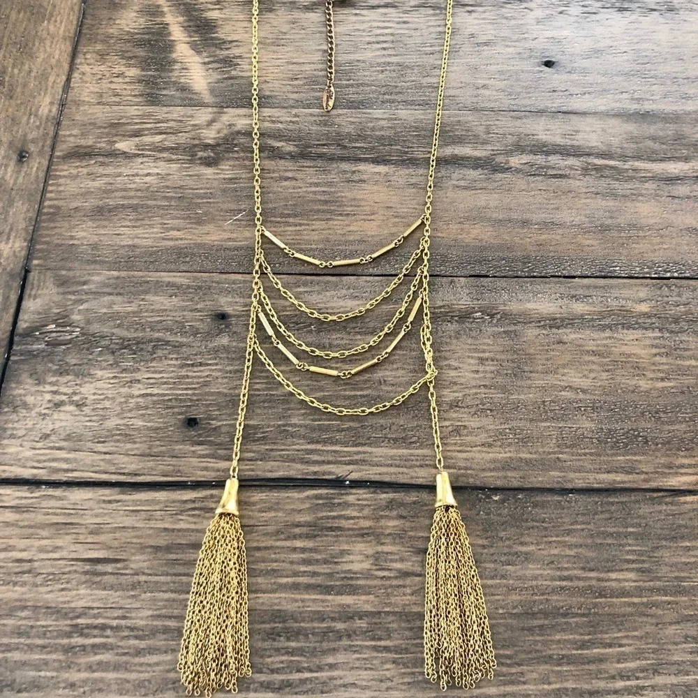 Plunder Gold Tone Double Tassel Long Necklace Ladder Style Fashion Jewelry - Picture 2 of 4